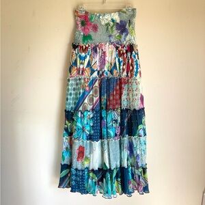 Johnny Was Blue and Green Patchwork Tiered Boho Gypsy Flowy Maxi Skirt Sz XXL